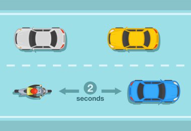 Motosiklet iki saniye kuralı. Mesafe bilgisini takiben güvenli yol kuralı. Düz vektör resimleme şablonu.
