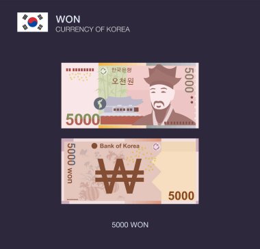 Güney Kore para birimi. Korece beş bin won düz vektör illüstrasyonu.