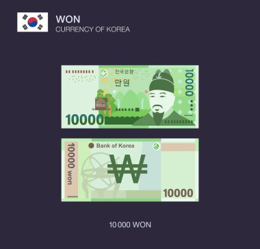 Güney Kore para birimi. Korece on bin won düz vektör illüstrasyonu.