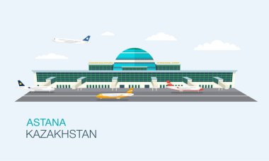 Uluslararası Havalimanı 'nın düz vektör çizimi. Astana, Kazakistan. Orta Asya.