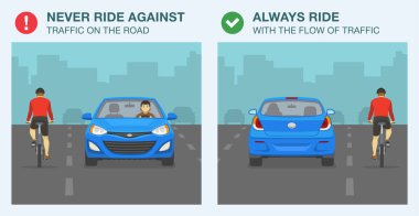 Şehir yolunda modern mavi sedan araba ve bisikletçi. Trafiğe karşı sürmeyin ve her zaman trafik uyarısı akışı ile sürün. Düz vektör resimleme şablonu.