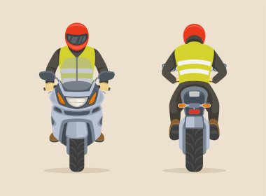 Kırmızı kasklı yalnız bir adam motosiklet sürüyor. Ön ve arka manzara. Düz vektör illüstrasyonu. 