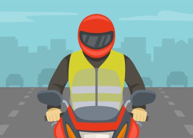 Otobanda motosiklet süren bir bisikletçi. Motosiklet sürücüsünün güvenlik yeleği giydiği yakın plan görüntüsü. Düz vektör resimleme şablonu.