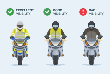 İyi, kötü ve yoldaki motosiklet sürücüsünün görüş mesafesi mükemmel. İzole edilmiş motorcuların ön görüntüsü. Düz vektör resimleme şablonu.