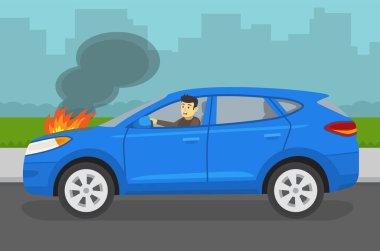 Yanan araba motoru kaputu. Kırık arazi aracını kullanan genç ve korkmuş bir sürücü. Düz vektör resimleme şablonu.