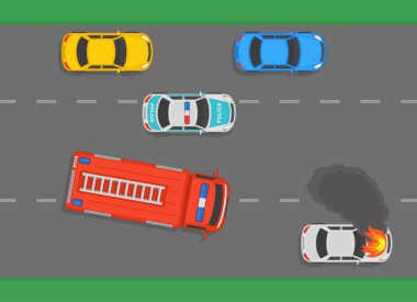 Şehir otoyolunda yanan araba motoru kaputu. Araba yangını güvenlik aktivitesi. Şehir yolunda itfaiye arabası ve polis arabası. İtfaiyeciler olay yerine geliyor. Düz vektör resimleme şablonu.