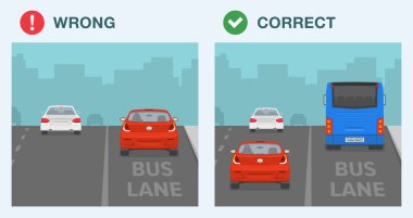 Otobüs şeridi kuralı. Doğru ve yanlış sürüş. Yapılacaklar ve yapılmayacaklar. Otobüs şeridindeki sedan araba ve otobüsün arka görüntüsü. Düz vektör resimleme şablonu.