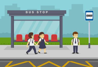 Mutlu öğrenciler okula gidiyor. Çocuklar otobüs durağında transit bekliyor. Düz vektör resimleme şablonu.