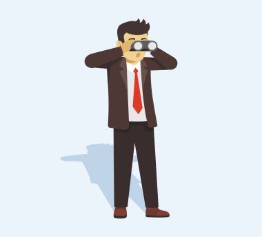 Şaşkın iş adamı ya da yönetici dürbünle bakıyor. Düz vektör illüstrasyonu.