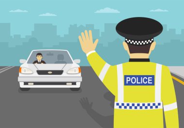 Trafik polisi arabayı durdurdu ve yolu kapattı. Arabanın önünde dikiliyorum. Düz vektör resimleme şablonu.
