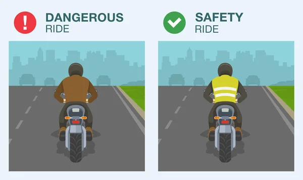 道路上の危険と安全オートバイに乗る バイカーは安全ベストかジャケットを身に着けている 平面ベクトル図 — ストックベクタ