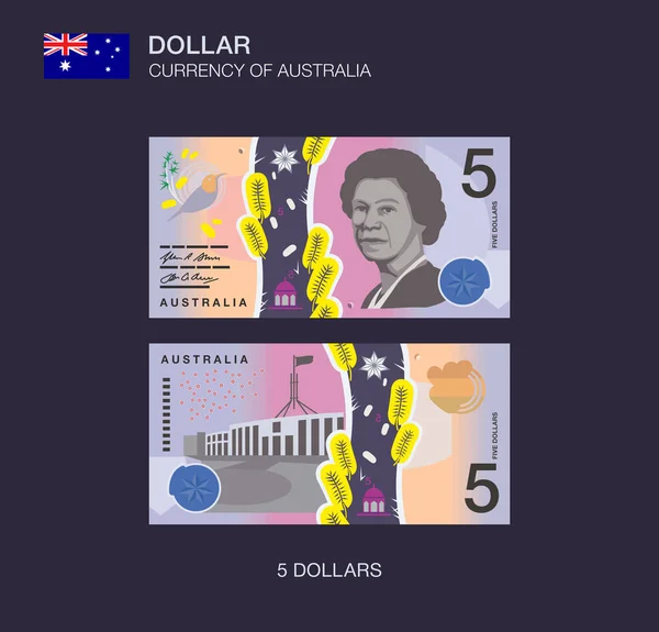 Moneda Australia Ilustración Vectorial Plana Australiano Cinco Dólares — Vector de stock