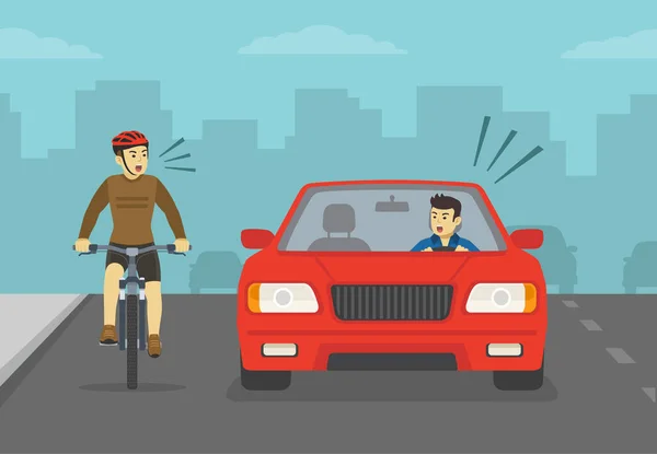 咄咄逼人和愤怒的男性司机向骑自行车的人大喊大叫 自行车司机和轿车司机之间的道路愤怒 城市道路或高速公路的前景色 平面矢量图解模板 — 图库矢量图片