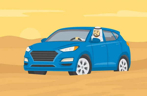 Wüstenfahrt Tipps Glückliche Junge Arabische Fahrer Fahren Durch Die Sanddünen — Stockvektor