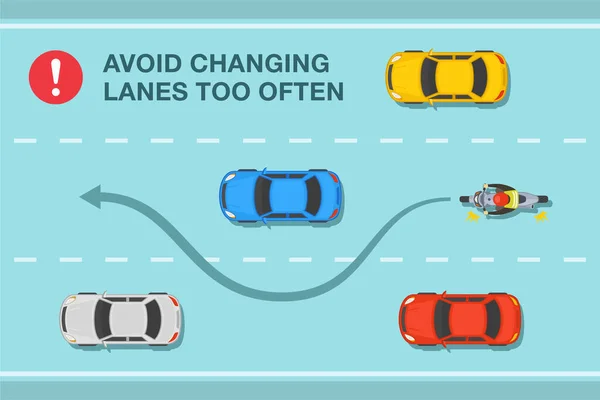 Правило Безпеки Водіння Мотоцикла Велосипедист Змінює Позицію Трьох Смугах Руху — стоковий вектор