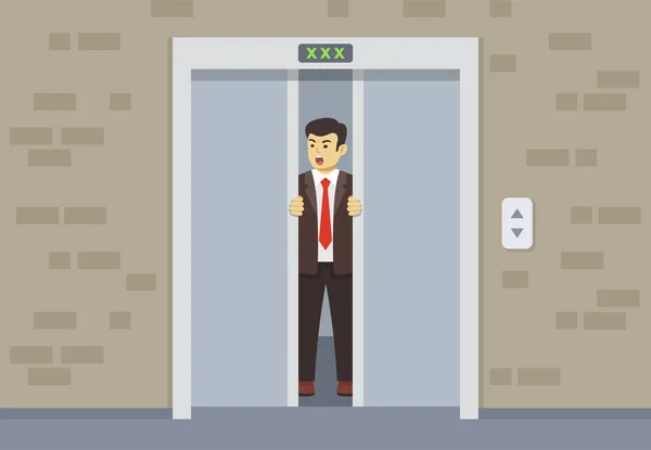 Young Businessman Manager Trying Open Doors Broken Elevator Flat Vector — Stock Vector