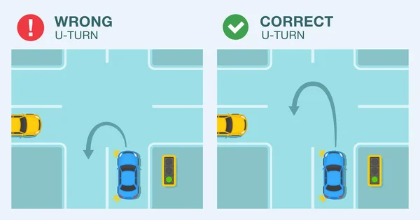 安全運転と交通規制のルール Uターンオン交差点はインフォグラフィックを支配します セダン車の交差点をオンにしようとしている 平面ベクトル図テンプレート — ストックベクタ