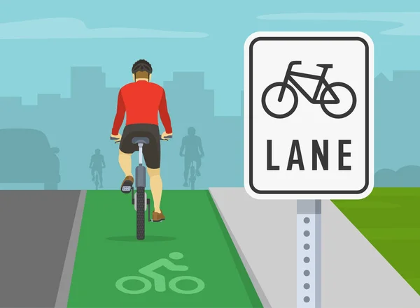 自行车驾驶技巧 人们骑自行车在自行车道上的倒影 城市自行车道交通或路标 平面矢量图解模板 — 图库矢量图片