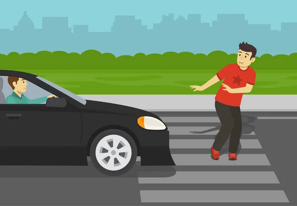 安全驾驶规则和建议 年轻的男性行人将在人行道上被汽车撞倒 斑马线上的危险情况平面矢量图解模板 — 图库矢量图片