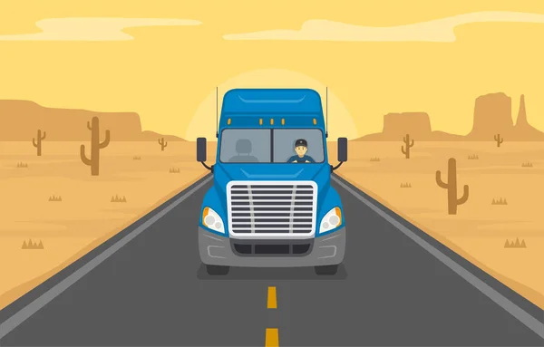 Kocsit Vezetek Amerikai Teherautó Sofőrrel Sivatagban Előre Nézz Lapos Vektor — Stock Vector