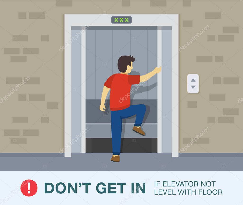 Safety rules and tips. Young man trying to get in to the broken elevator. Lift is out of service. Flat vector illustration.