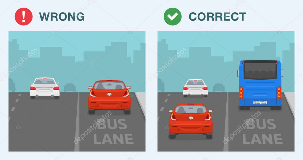 Bus lane rule. Correct and wrong driving. Do's and don'ts. Back view of sedan car and bus on a bus lane. Flat vector illustration template.