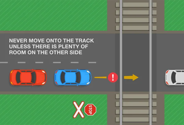 安全運転規則だ 障害物のない踏切の反対側に十分なスペースがない限り トラックに移動することはありません 街の道路のトップビュー 平面ベクトル図テンプレート — ストックベクタ