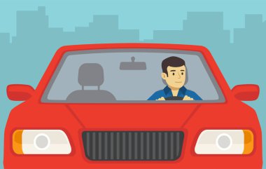 Bir sedan araba sürücüsünün yakın görüntüsü. Ön manzara. Düz vektör illüstrasyonu.