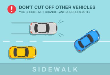 Sedan araba sürücüsü otoyolda bir arabayı durduruyor. Diğer araç uyarılarını kesme. Trafik ya da yol kuralları. Üst Manzara. Araba kullanırken şerit değiştirmek. Düz vektör resimleme şablonu.