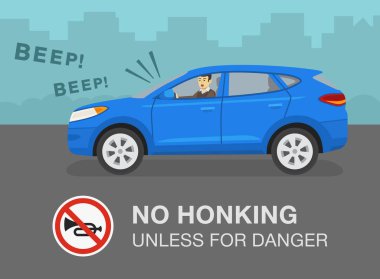 Aggressive and angry suv car driver is honking horn for no reason. Side view of a city street. No honking unless for danger warning design. Flat vector illustration template. clipart