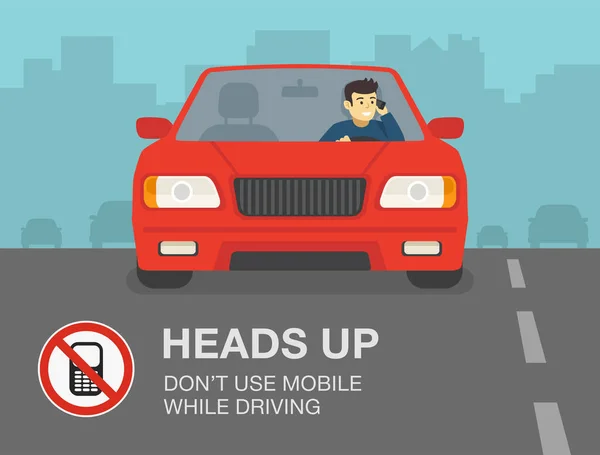 安全驾驶规则 开车时不要用手机 年轻人在讲电话 平面矢量图解模板 — 图库矢量图片