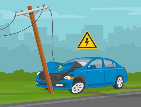Guidare Auto Linea Elettrica Stata Abbattuta Incidente Stradale Regola Sicurezza — Vettoriale Stock