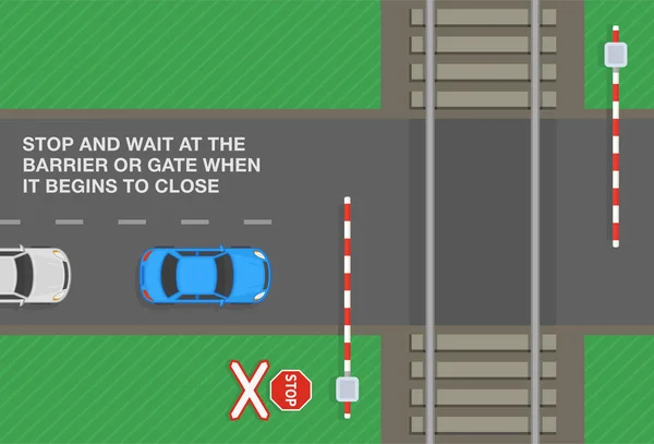 Fahrsicherheitsregeln Und Tipps Halten Sie Und Warten Sie Der Bahnübergangsschranke — Stockvektor