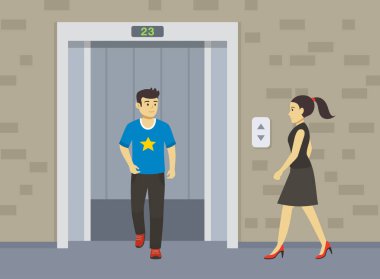 Kapıları açık asansör. Genç adam asansörden çıkıyor. Düz vektör illüstrasyonu.