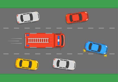 Şehir yolundaki itfaiye aracı. Trafik ya da yol kuralları. Kenara çekil ve acil durum araçları için dur. Şehrin üst manzarası. Düz vektör resimleme şablonu.