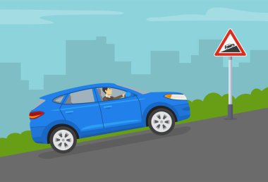 Sınıf ve tepelerde araba kullanmak. Mavi SUV tepeden şehre gidiyor. Dik yol ya da trafik uyarısı. Düz vektör resimleme şablonu.