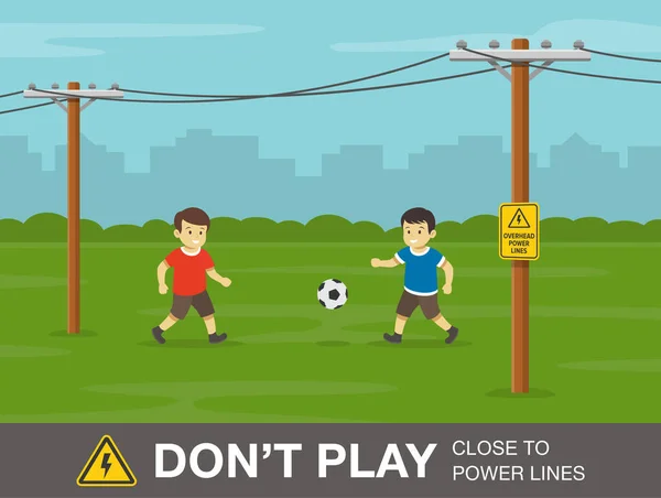 Regra Segurança Eléctrica Dois Miúdos Jogar Futebol Perto Linhas Eléctricas —  Vetores de Stock