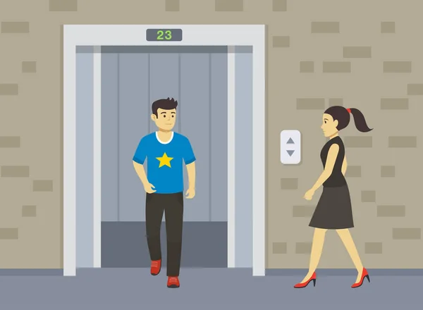 Лифт Открытыми Дверями Молодой Человек Выходит Лифта Плоская Векторная Иллюстрация — стоковый вектор