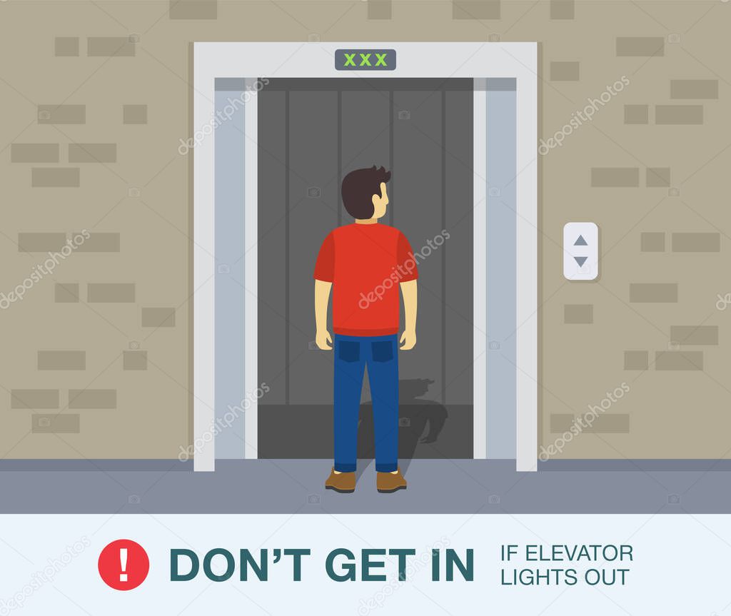 Young man standing in front of the broken dark elevator doors. Lift is out of service. Flat vector illustration.