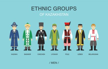 Kazakistan 'ın etnik grupları. Geleneksel kostümlü insanlar. Düz vektör illüstrasyonu.