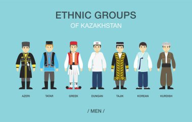Kazakistan 'ın etnik grupları. Geleneksel kostümlü adamlar. Düz vektör illüstrasyonu.