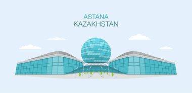 Astana, Kazakistan 'daki Uluslararası Sergi binasının düz vektör çizimi. EXPO 2017, Orta Asya.