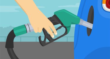 Benzin istasyonu tabancasını dolduruyorum. Rafineri yakıt ikmali, petrol tankı servis aracı. Düz vektör illüstrasyonu.