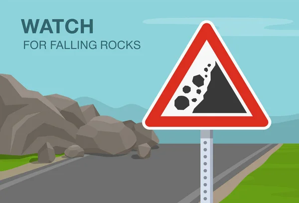 Trafik Veya Yol Işareti Demek Düşen Kayaların Yakın Görüntüsü Dağlardaki — Stok Vektör