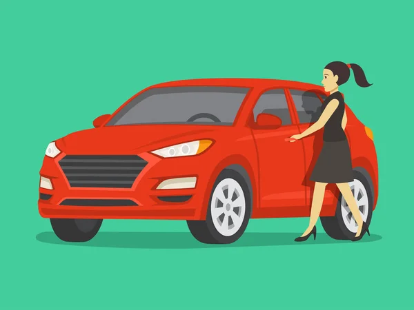 Γυναίκα Οδηγός Ανοίγει Suv Πόρτα Αυτοκινήτου Προοπτική Άποψη Ενός Κόκκινου — Διανυσματικό Αρχείο