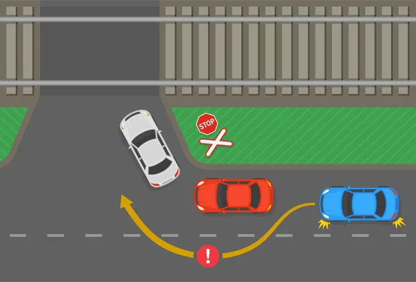 安全驾驶车辆的规则 切勿在水平过路处超车 没有障碍物的平整过境点 城市道路的俯瞰 平面矢量图解模板 — 图库矢量图片