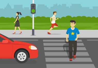 Young man crossing road on crosswalk with traffic lights. Look both ways before you cross the street. Flat vector illustration. clipart