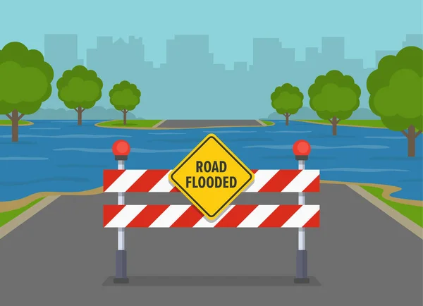 Flooded City Road Warning Sign Barrier Flat Vector Illustration Template — Stock Vector