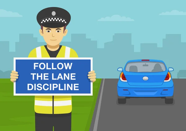 Araba Sürüyorum Trafik Yönetmeliği Polis Memuru Uyarı Posteri Tutuyor Şerit — Stok Vektör