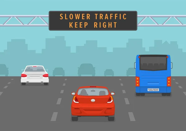 Bilar Passerar Ledd Skylt Vid Motorvägen Långsammare Trafik Hålla Rätt — Stock vektor